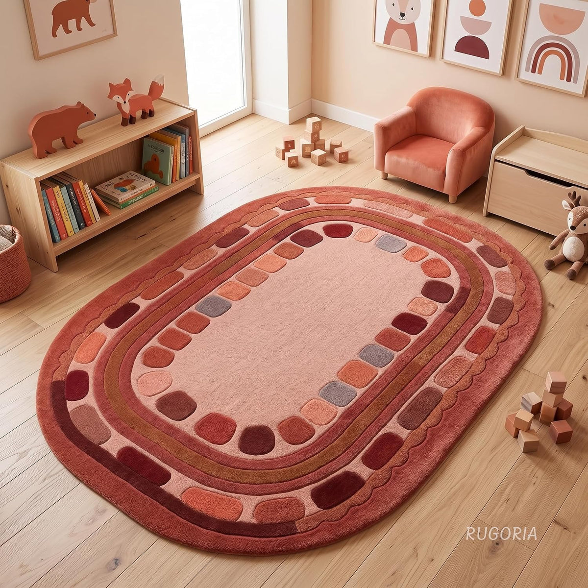 Hand Tufted Wool Rug, Rounded Rectangle Geometric Border Design,
