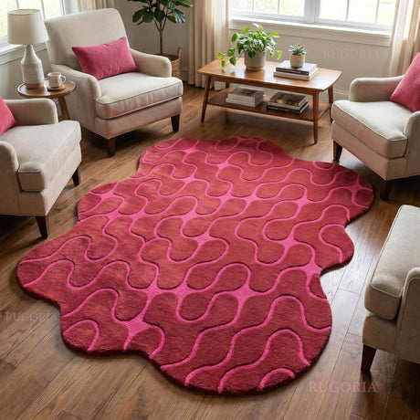 Hand-Tufted Abstract Wool Rug Wavy Pattern Irregular Organic Shape