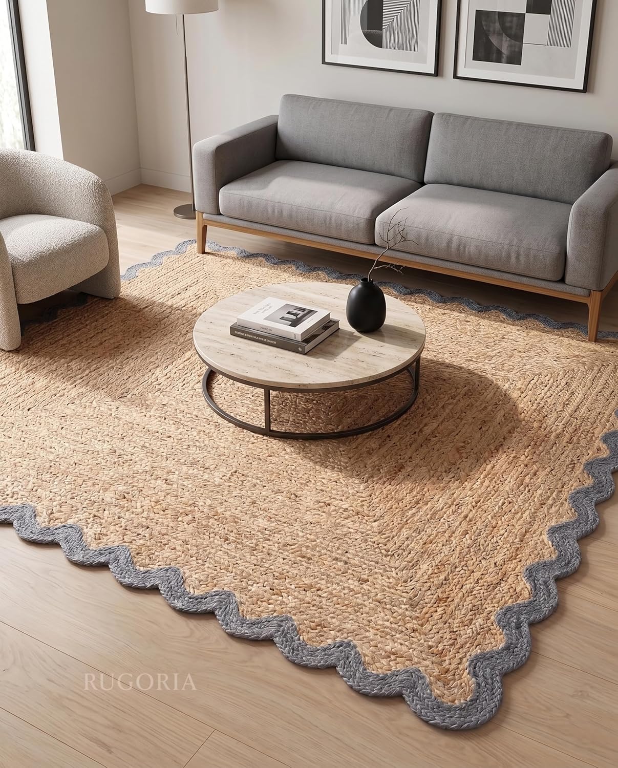 Handwoven Jute Rug with Scalloped Border, Natural Fiber Indoor Rug