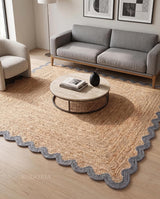 Handwoven Jute Rug with Scalloped Border, Natural Fiber Indoor Rug
