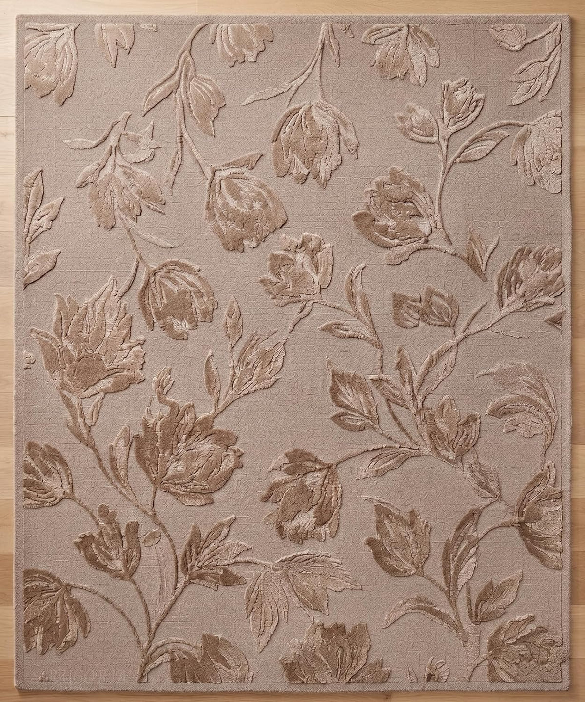 Hand Tufted Floral Wool Area Rug, Raised Botanical Carved Design