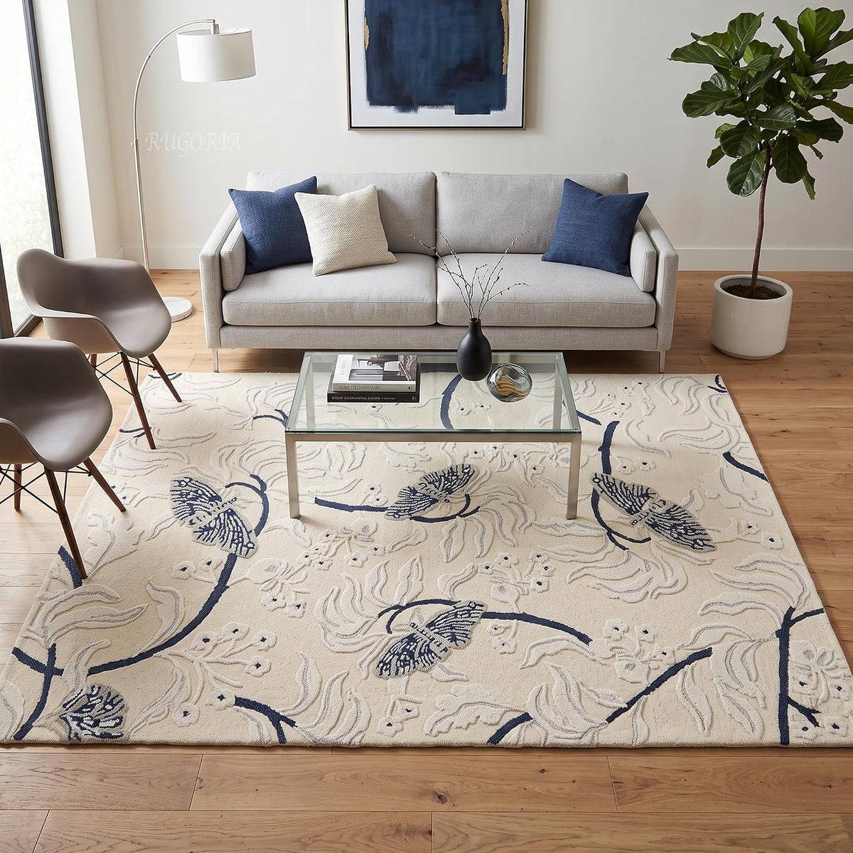 Hand Tufted Wool Rug, Floral Butterfly Botanical Pattern