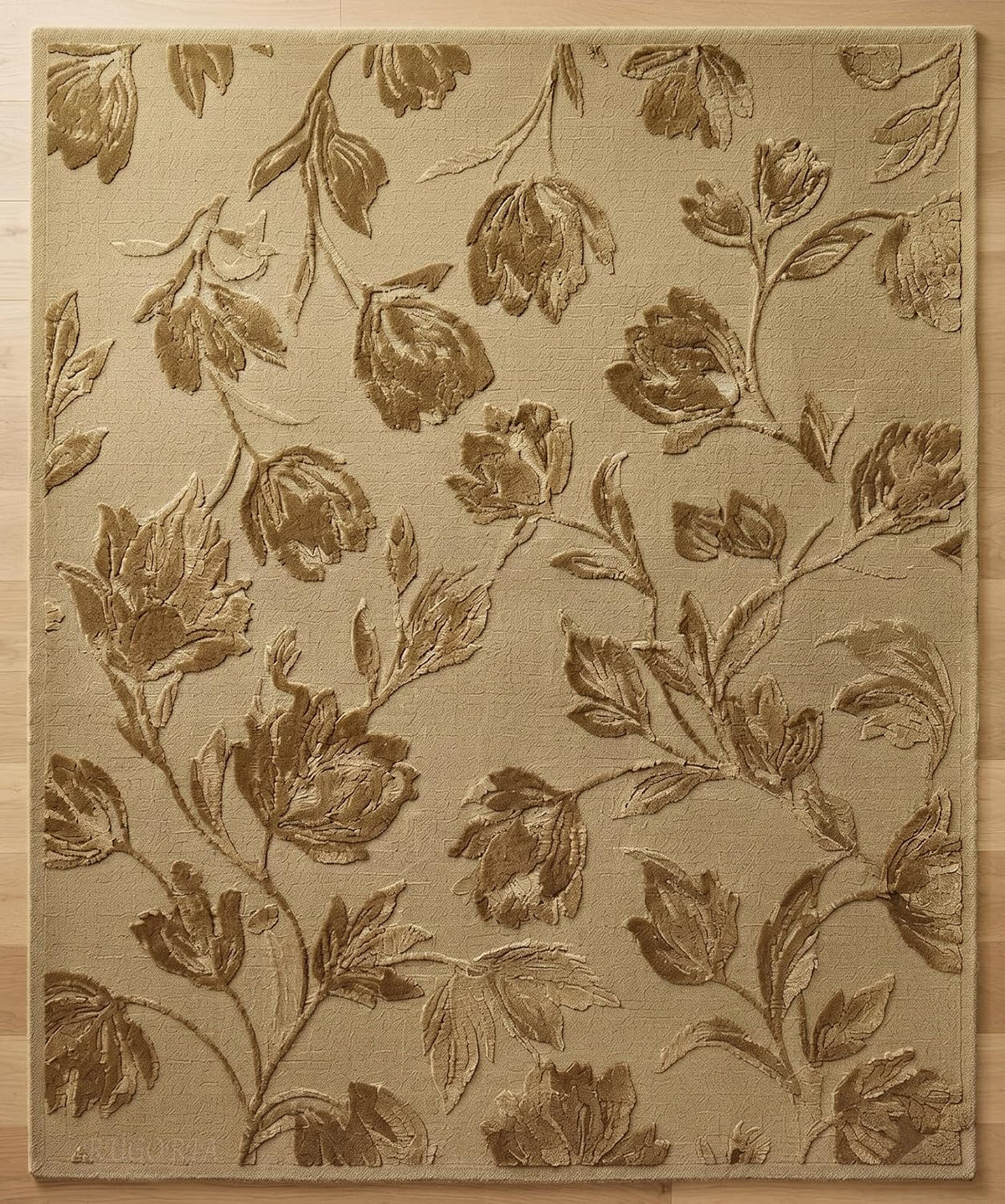 Hand Tufted Floral Wool Area Rug, Raised Botanical Carved Design