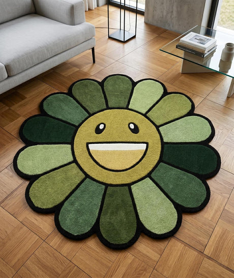 Hand Tufted Wool Area Rug Flower Shape Cartoon Face Design