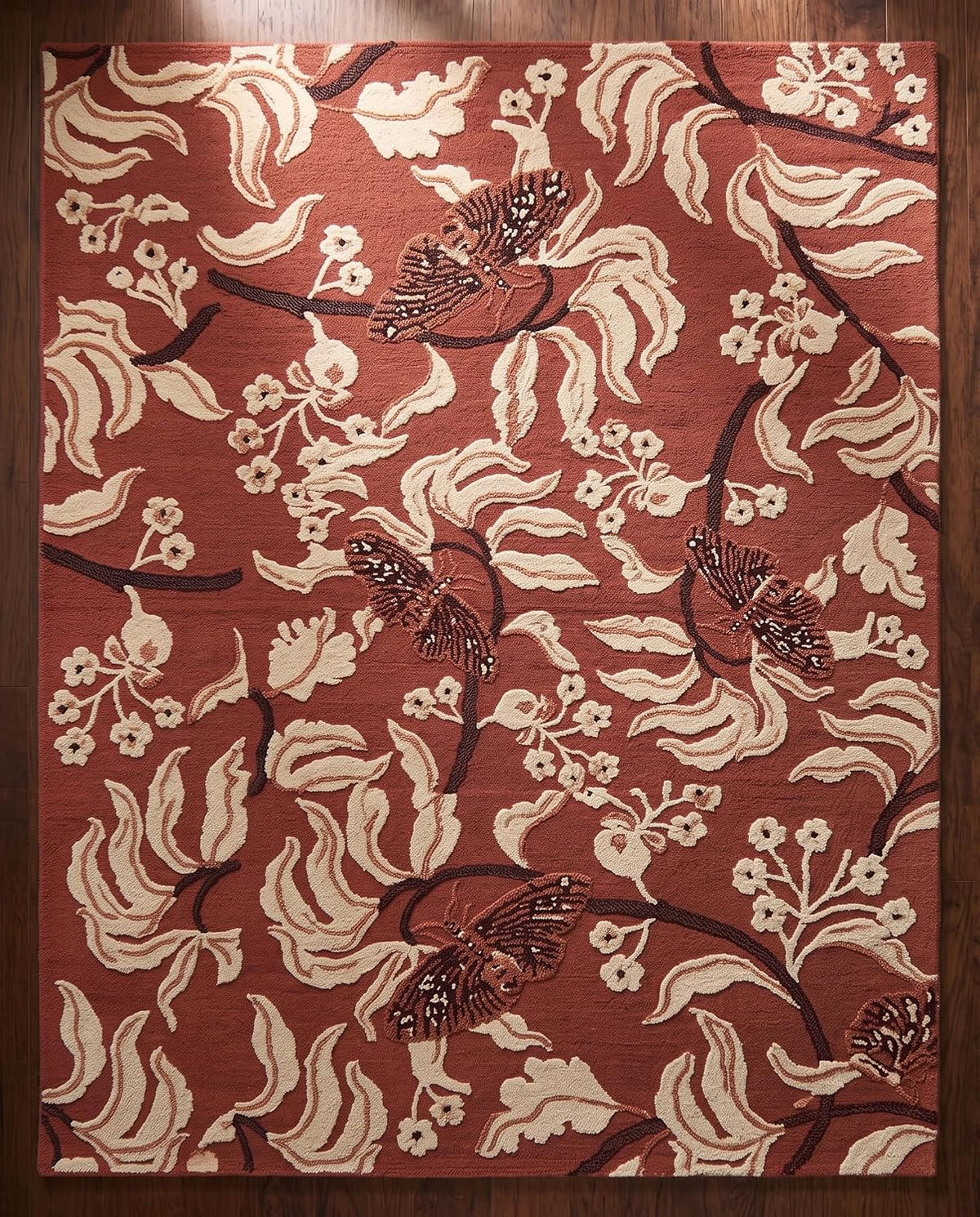 Hand Tufted Wool Rug, Floral Butterfly Botanical Pattern