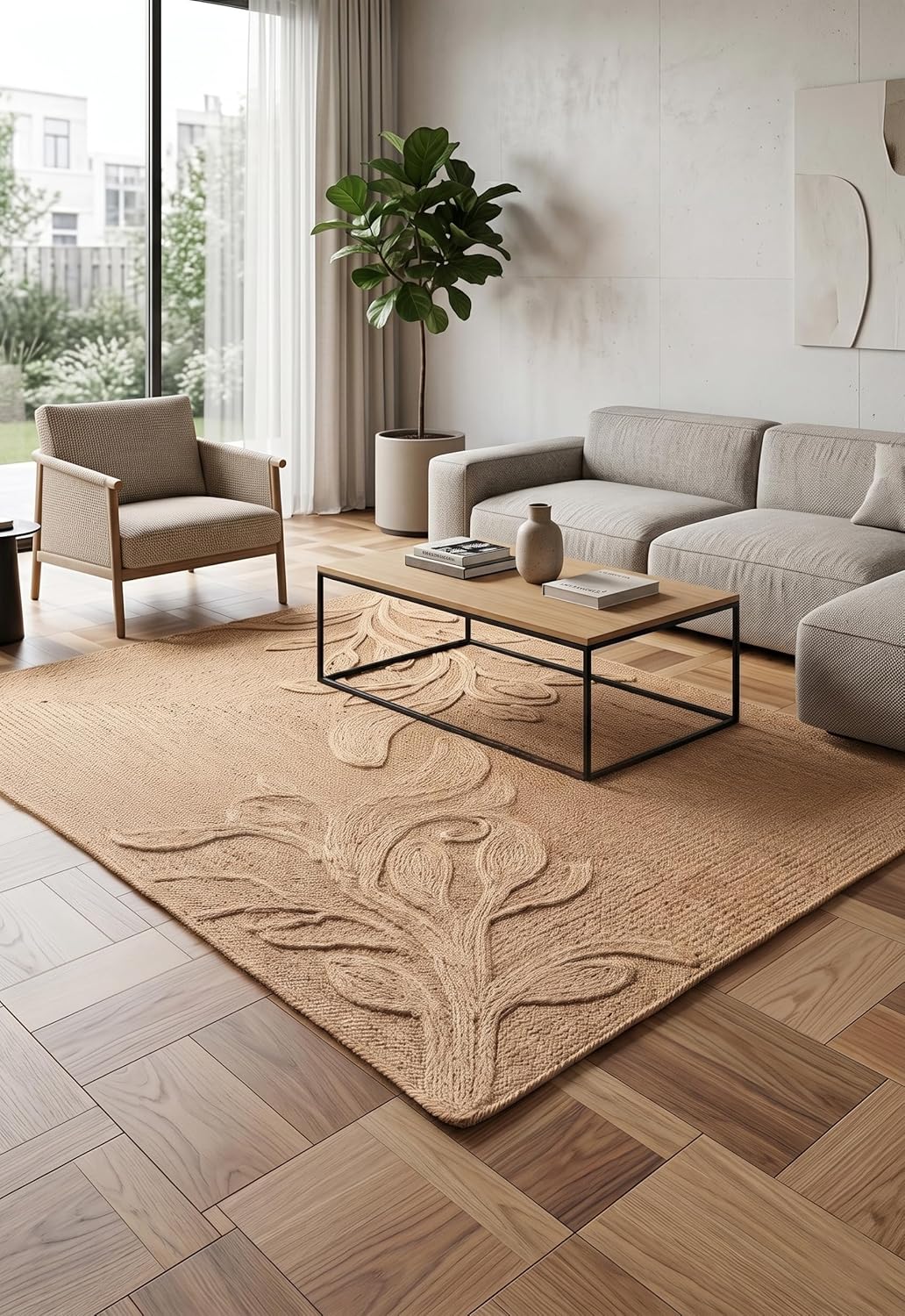 Handwoven Jute Rug with Textured Floral Border Design, Natural Fiber Rug