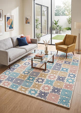Modern Handmade Wool Rug, Colorful Geometric Star & Square Pattern