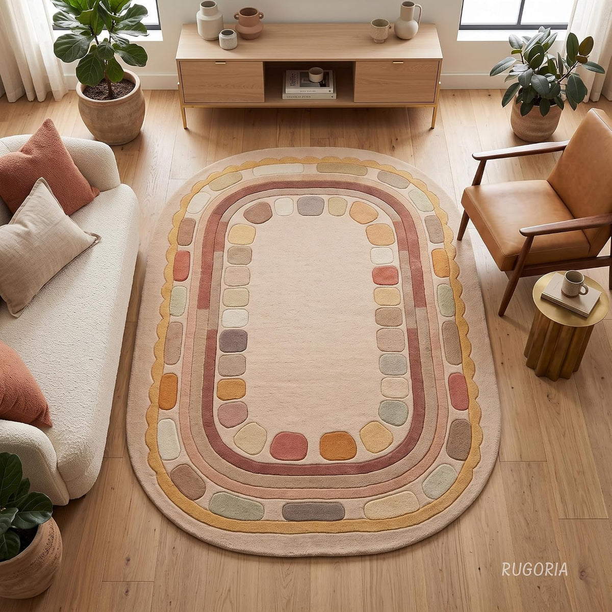 Hand Tufted Wool Rug, Rounded Rectangle Geometric Border Design,