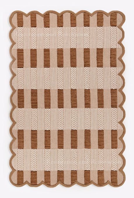 Handmade Scalloped Wool Area Rug - Modern Geometric Pattern & Green-Beige Stripes