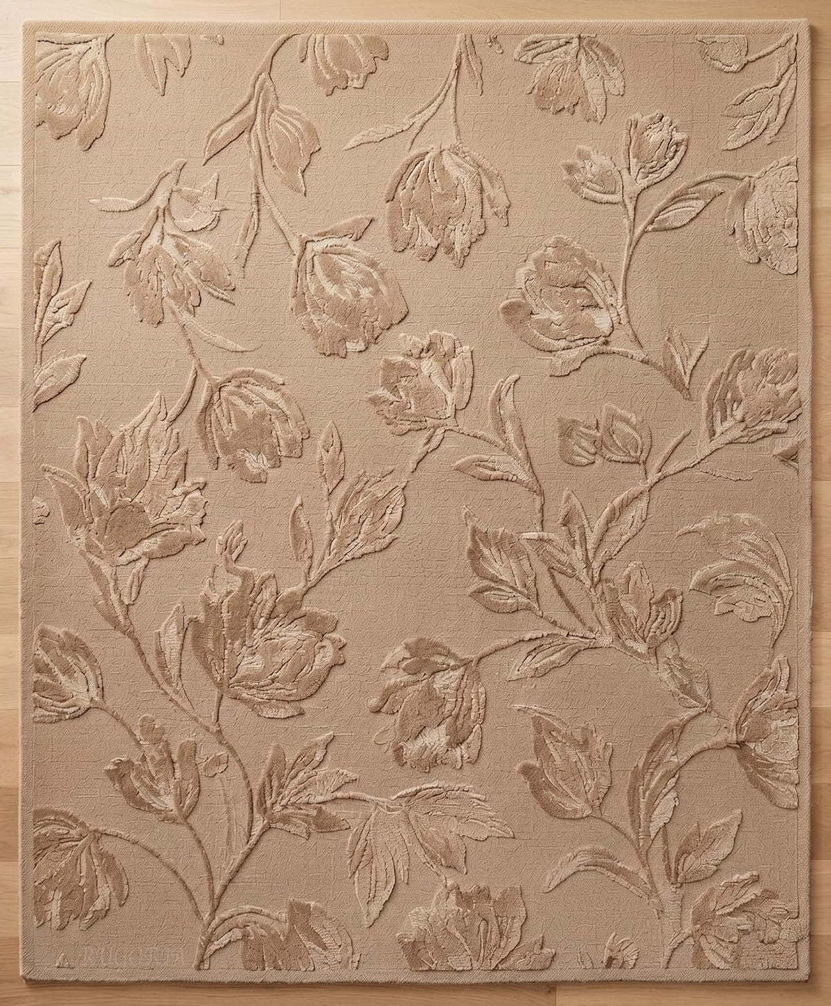 Hand Tufted Floral Wool Area Rug, Raised Botanical Carved Design