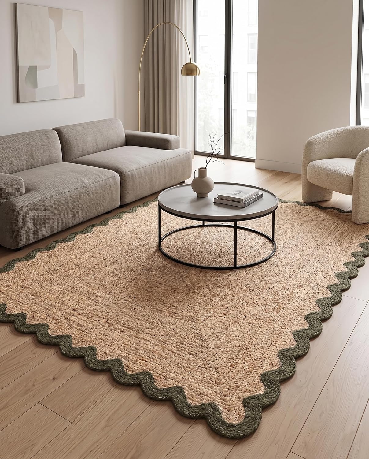 Handwoven Jute Rug with Scalloped Border, Natural Fiber Indoor Rug