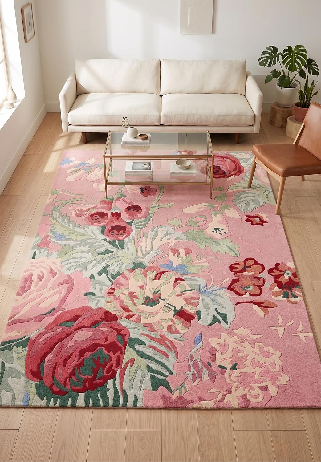 Modern Rose Floral Wool Rug | Colorful Garden Flower Design Carpet