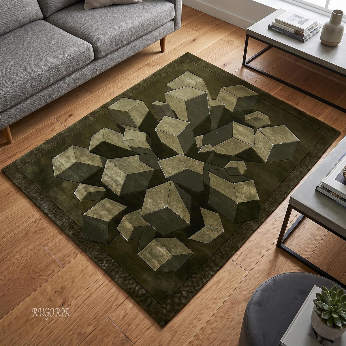 Hand-Tufted Wool Area Rug, 3D Cube Design
