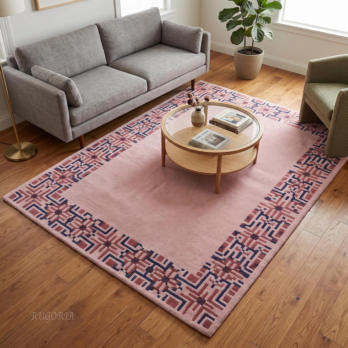 Hand-Tufted Wool Area Rug, Geometric Border,
