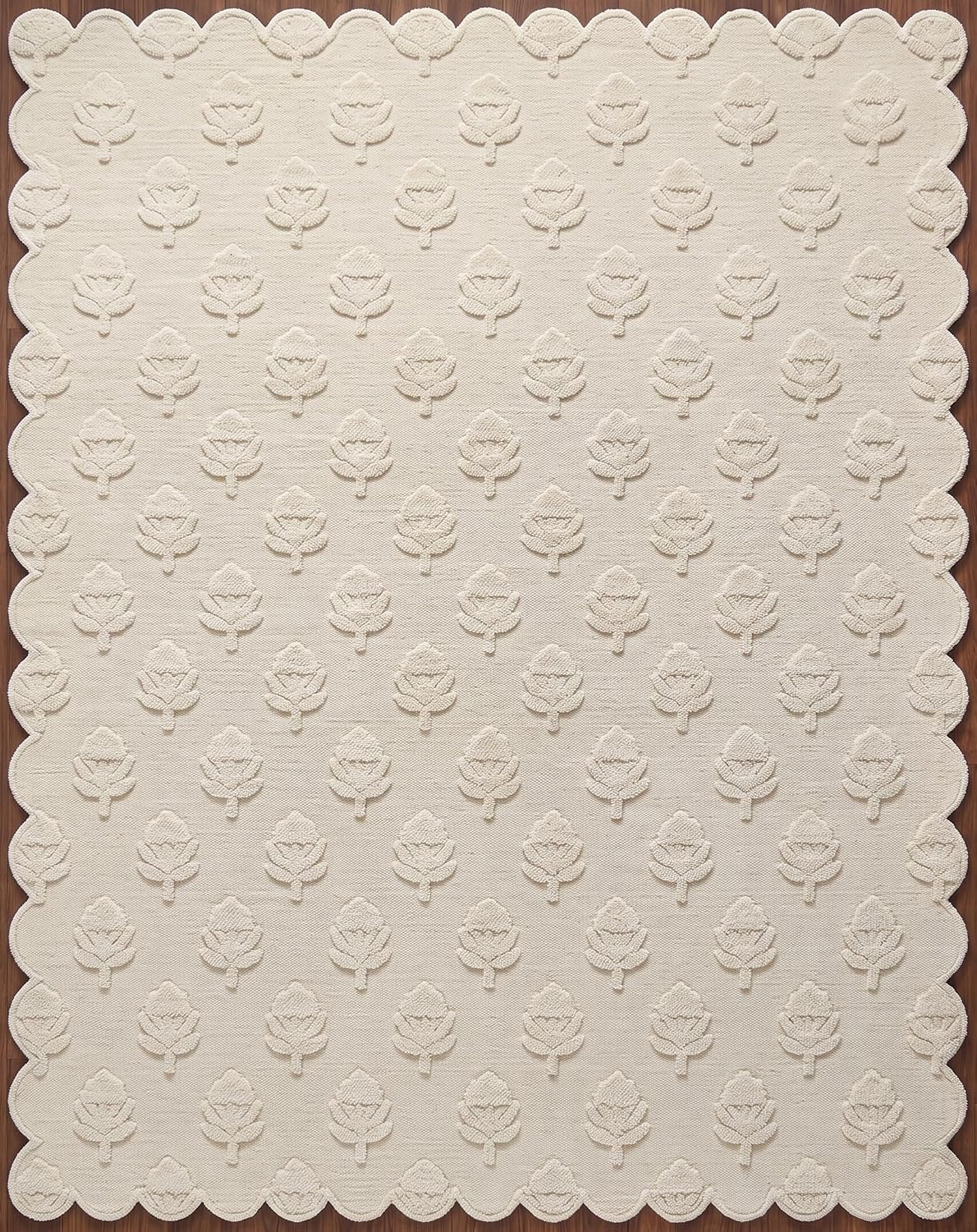 Hand Tufted Wool Rug, Floral Botanical Pattern with Scalloped