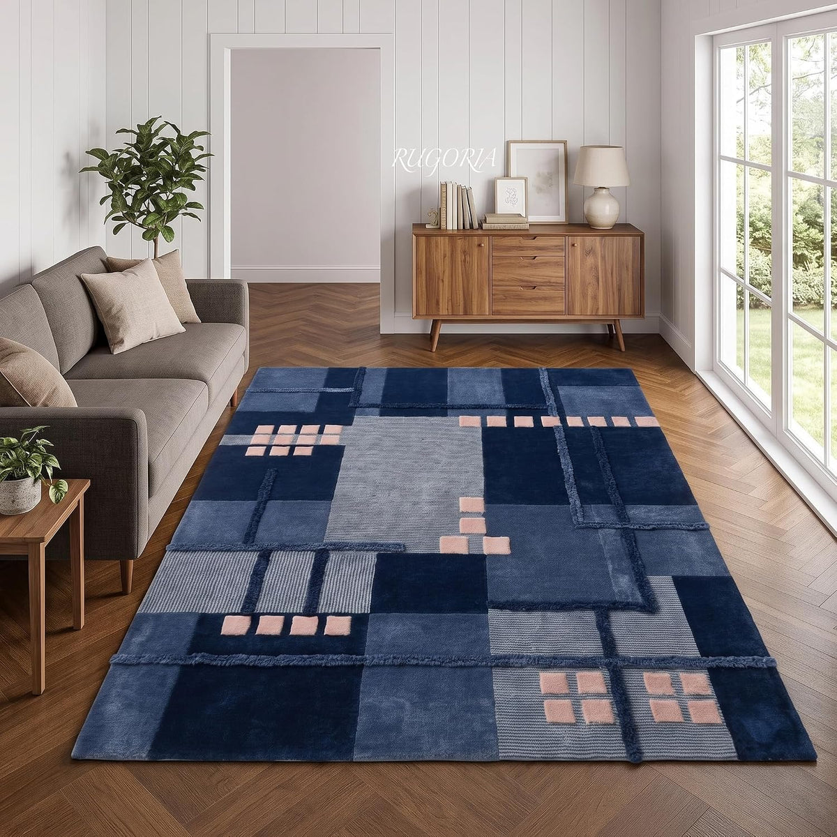 Hand-Tufted Wool Area Rug, Modern Patchwork Geometric Design