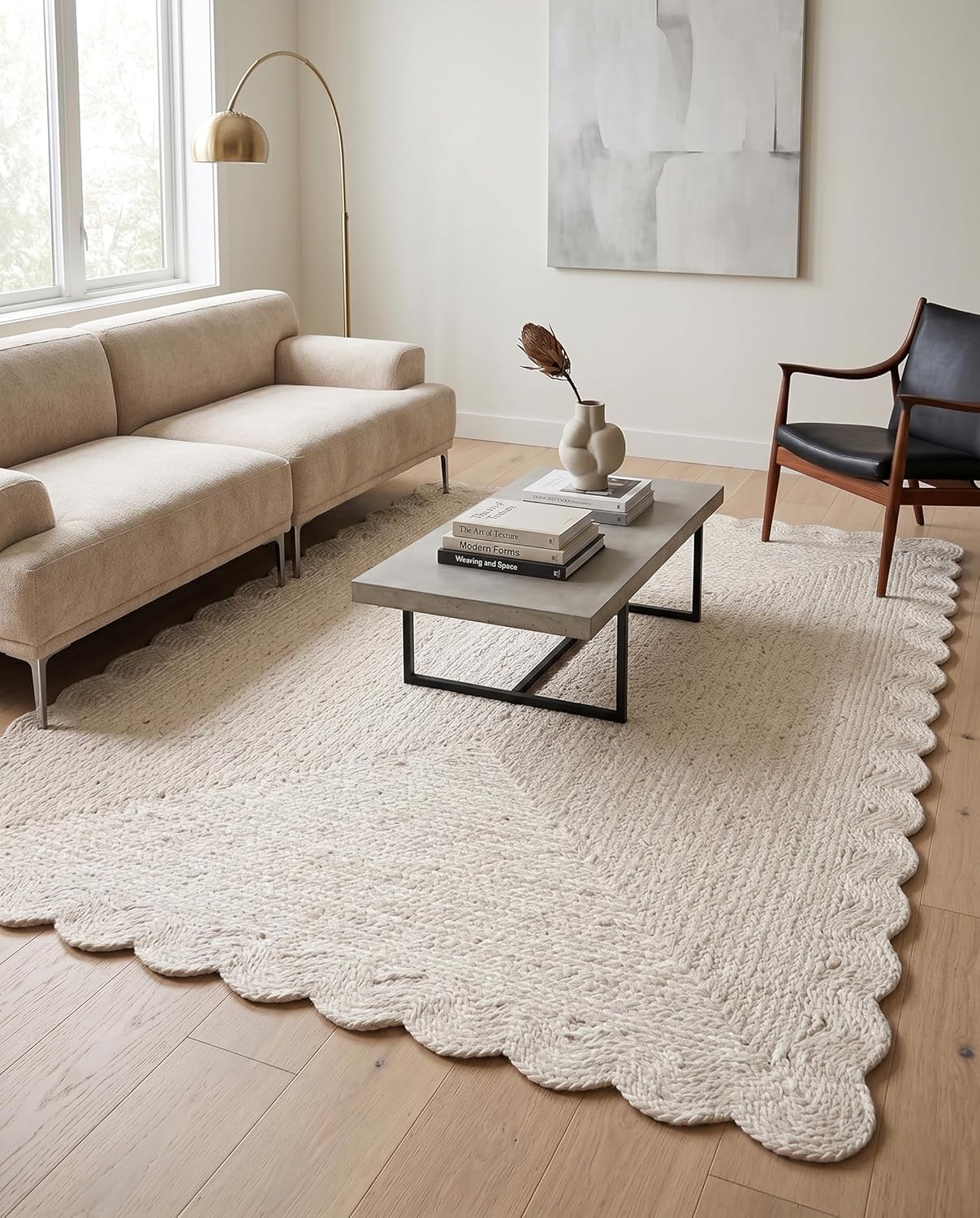 Handwoven Jute Rug with Scalloped Border, Natural Fiber Indoor Rug
