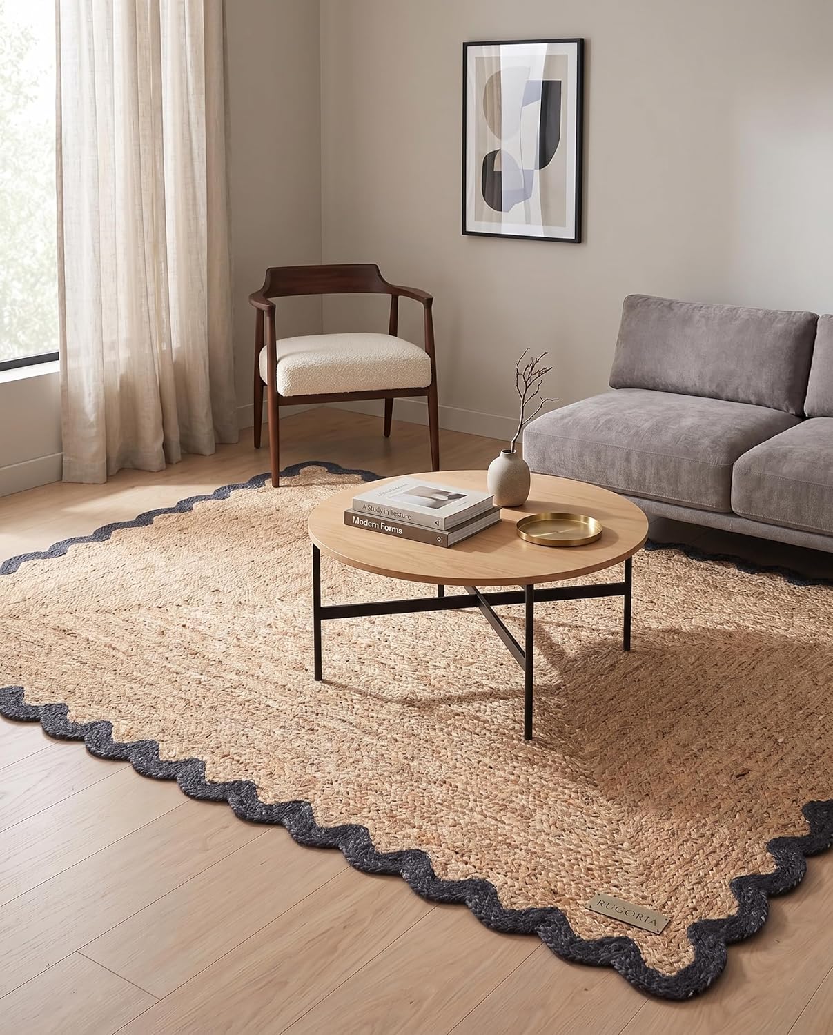 Handwoven Jute Rug with Scalloped Border, Natural Fiber Indoor Rug