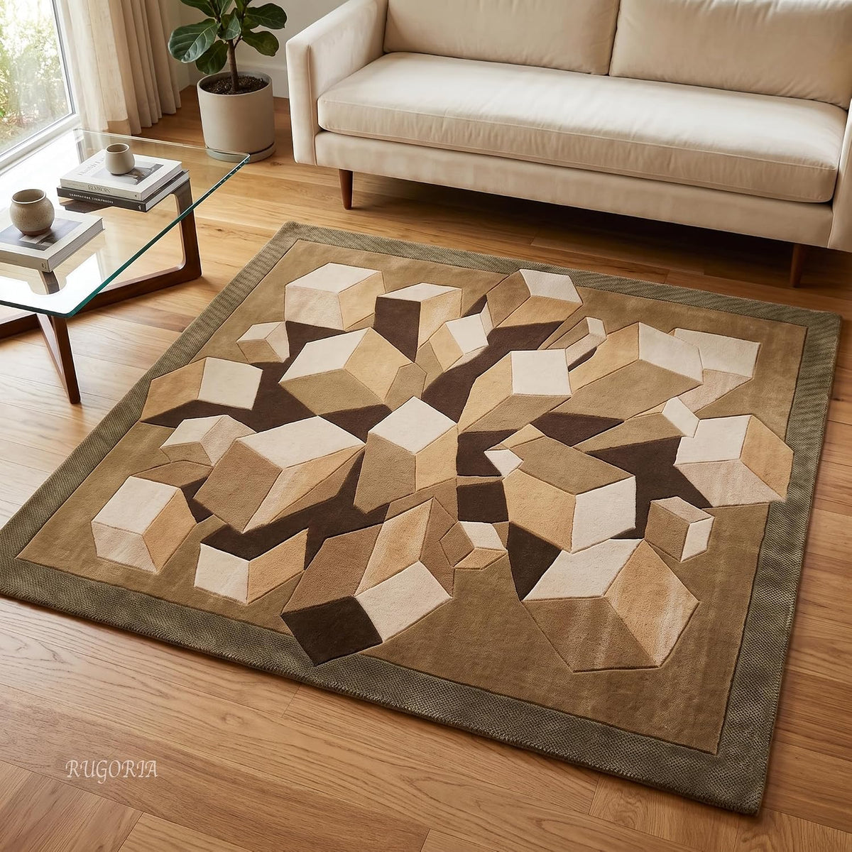 Hand-Tufted Wool Area Rug, 3D Cube Design