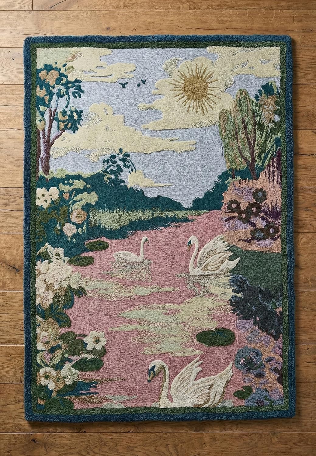 Hand-Tufted 100% Wool Rug – Swan Lake Scenic Floral Design