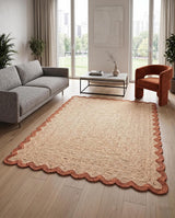 Handwoven Jute Rug with Scalloped Border, Natural Fiber Indoor Rug