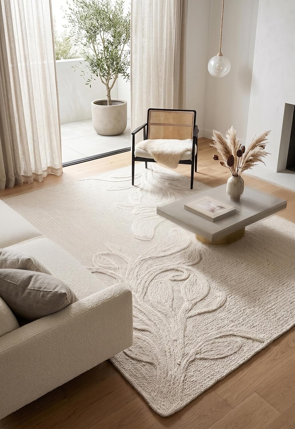 Handwoven Jute Rug with Textured Floral Border Design, Natural Fiber Rug