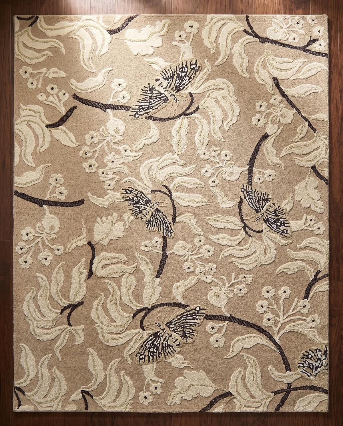 Hand Tufted Wool Rug, Floral Butterfly Botanical Pattern
