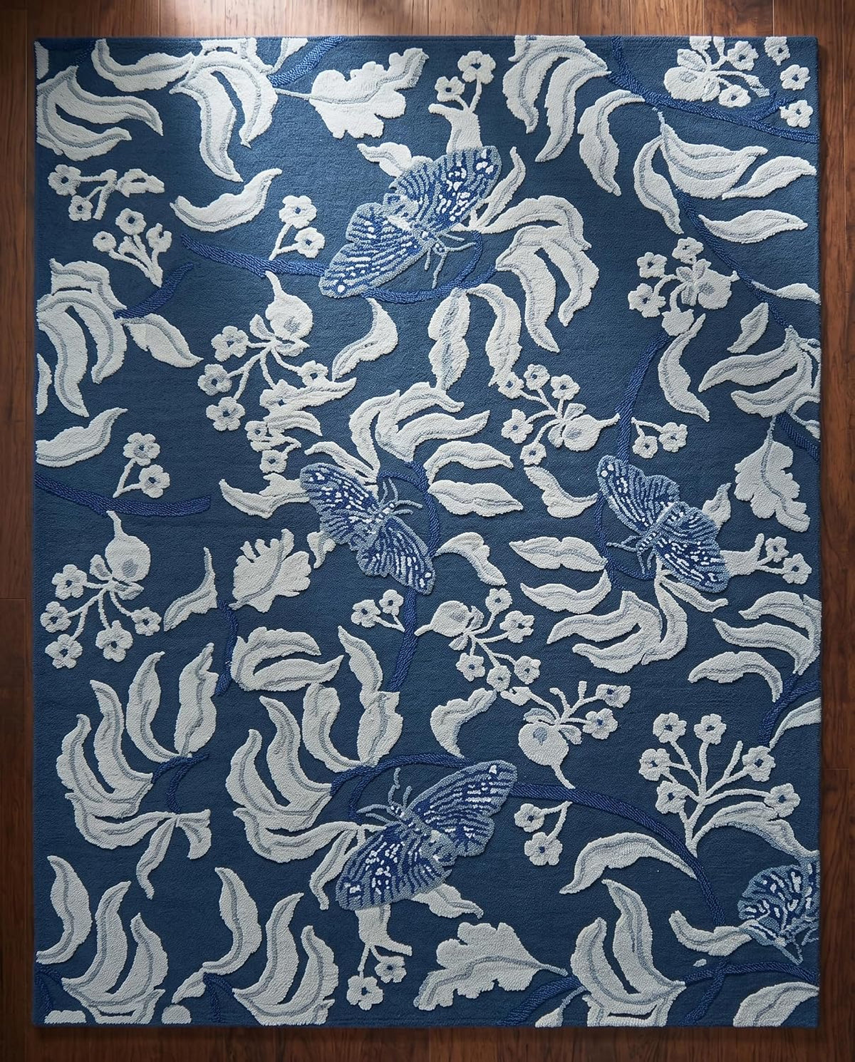 Hand Tufted Wool Rug, Floral Butterfly Botanical Pattern