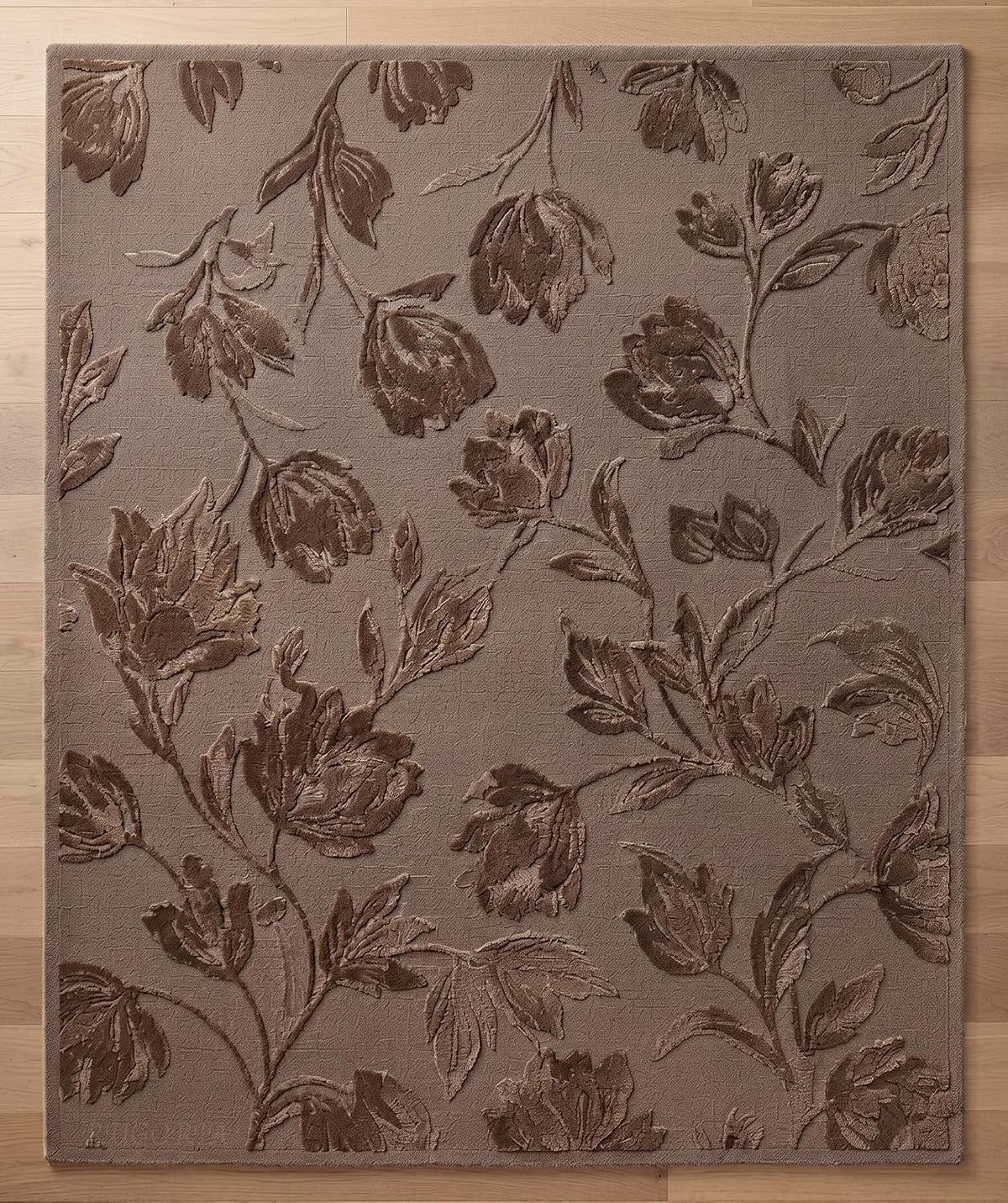 Hand Tufted Floral Wool Area Rug, Raised Botanical Carved Design