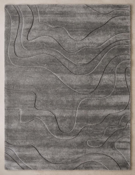 Modern Abstract Hand-Tufted Wool Area Rug Carved High-Low Pattern