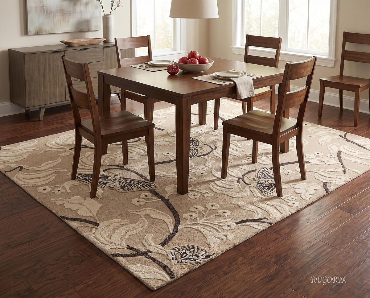 Hand Tufted Wool Rug, Floral Butterfly Botanical Pattern