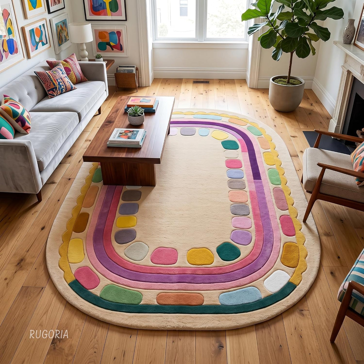 Hand Tufted Wool Rug, Rounded Rectangle Geometric Border Design,