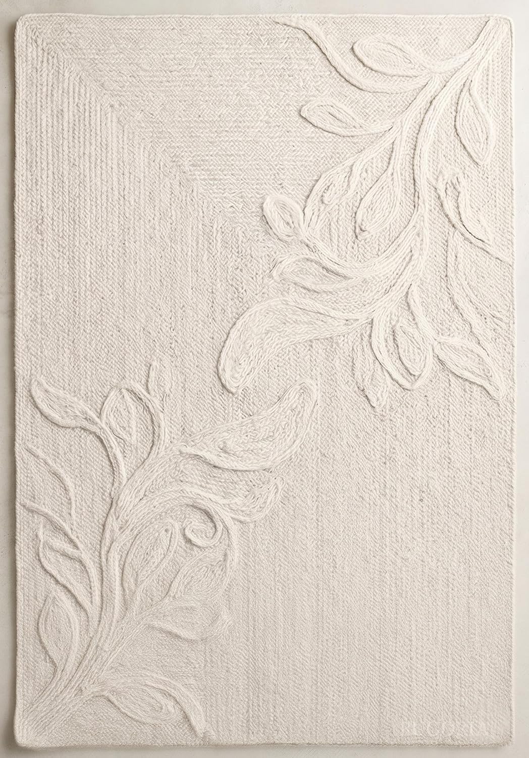Handwoven Jute Rug with Textured Floral Border Design, Natural Fiber Rug