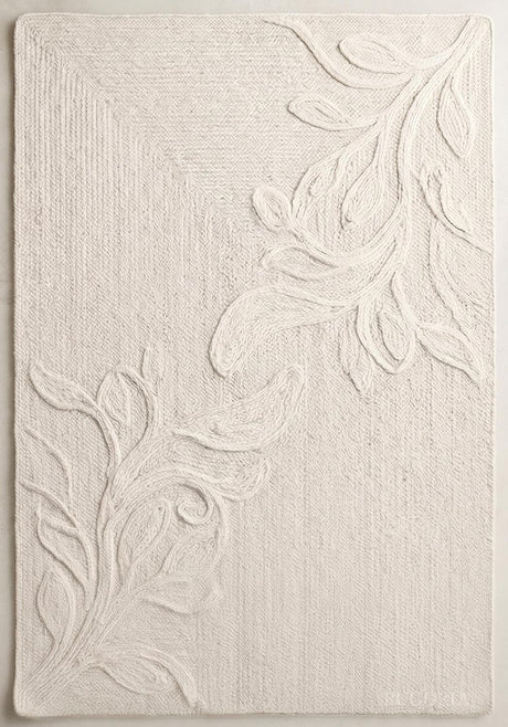 Handwoven Jute Rug with Textured Floral Border Design, Natural Fiber Rug