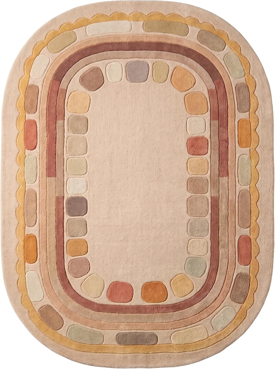 Hand Tufted Wool Rug, Rounded Rectangle Geometric Border Design,