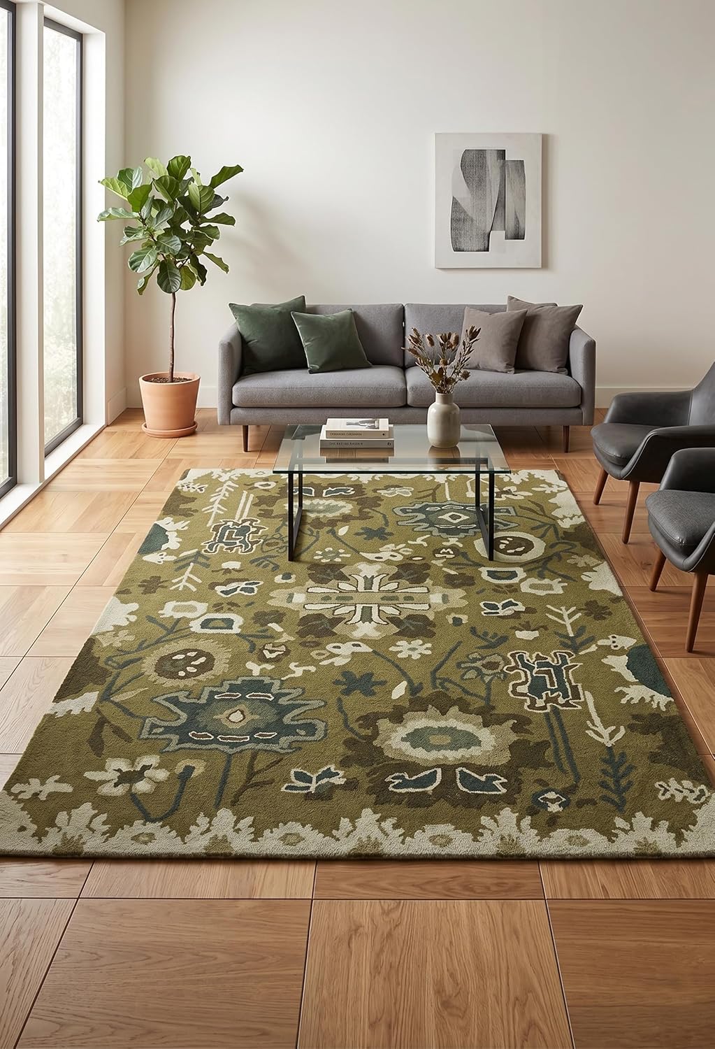 Handmade Oushak Wool Area Rug – Featuring Floral and Botanical Patterns in Soft Tones