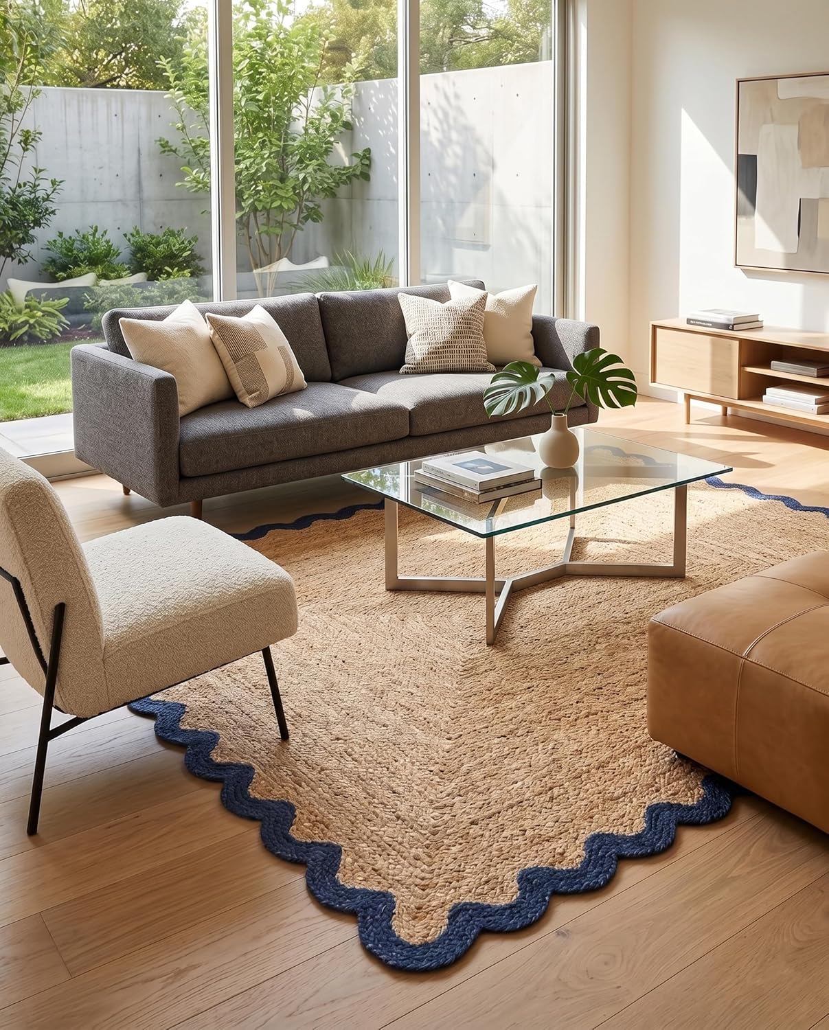 Handwoven Jute Rug with Scalloped Border, Natural Fiber Indoor Rug