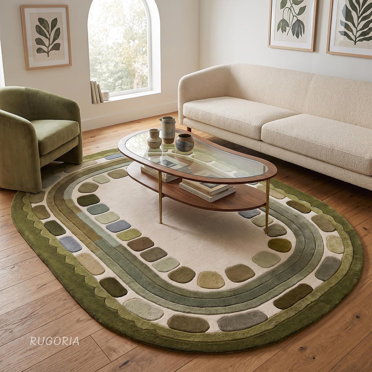 Hand Tufted Wool Rug, Rounded Rectangle Geometric Border Design,