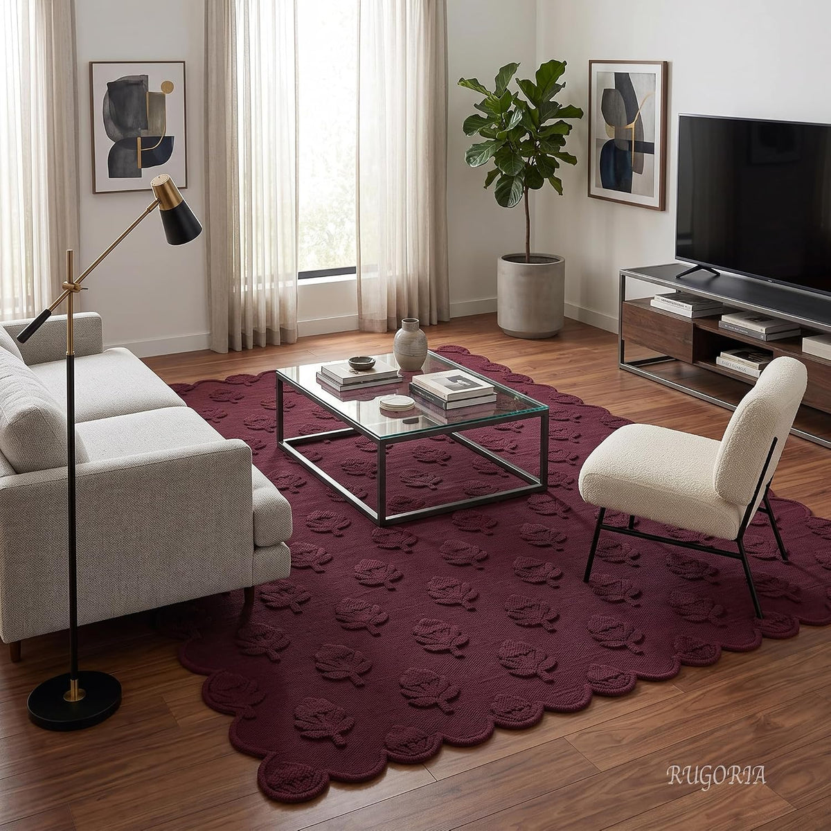 Hand Tufted Wool Rug, Floral Botanical Pattern with Scalloped