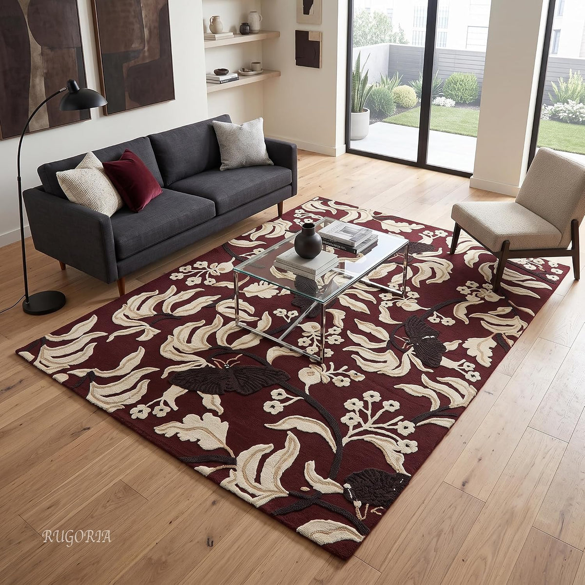 Hand Tufted Wool Rug, Floral Butterfly Botanical Pattern