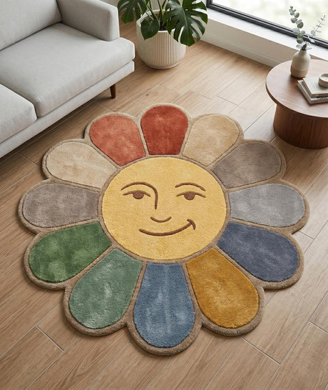 Hand Tufted Wool Area Rug Flower Shape Cartoon Face Design
