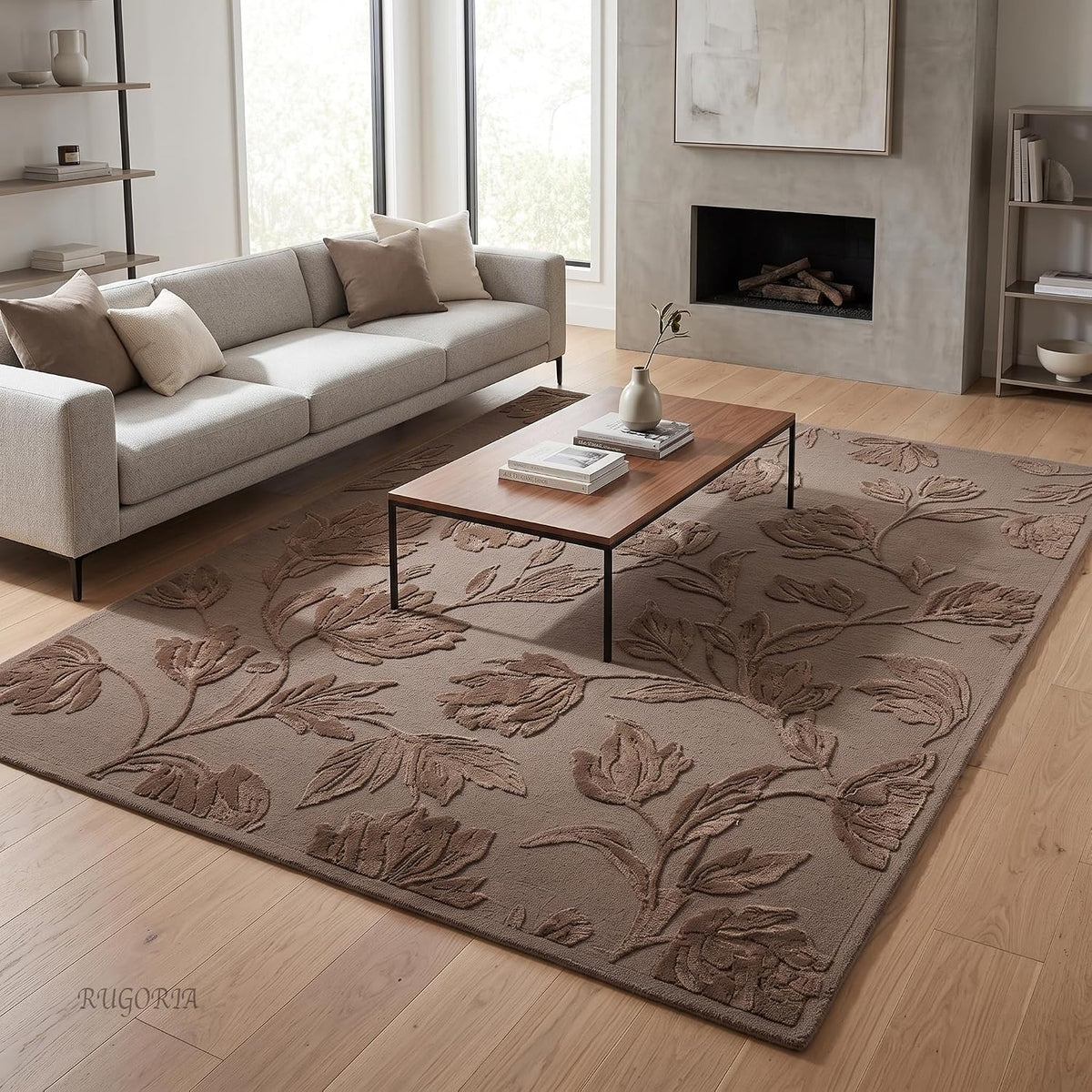 Hand Tufted Floral Wool Area Rug, Raised Botanical Carved Design