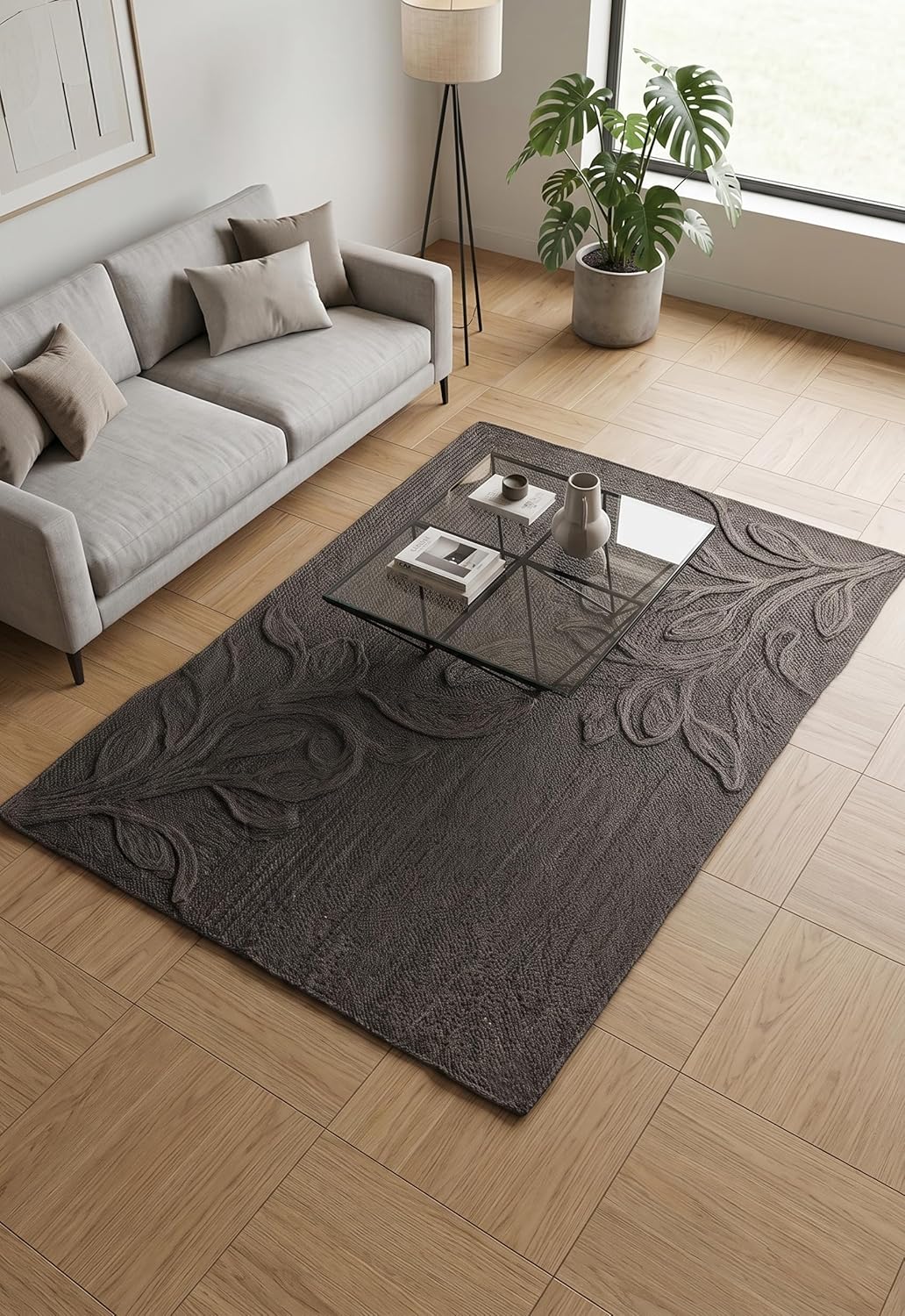 Handwoven Jute Rug with Textured Floral Border Design, Natural Fiber Rug