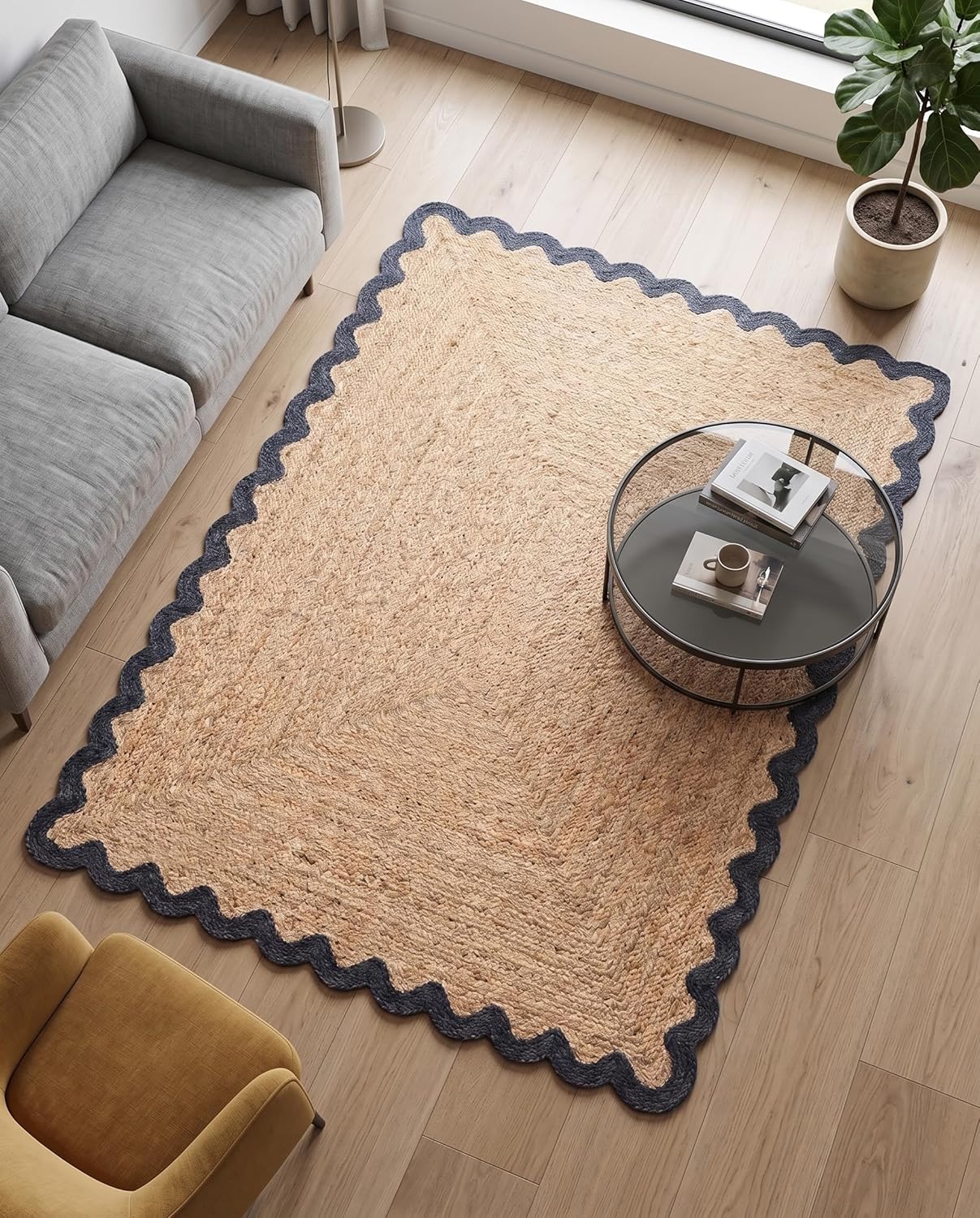 Handwoven Jute Rug with Scalloped Border, Natural Fiber Indoor Rug