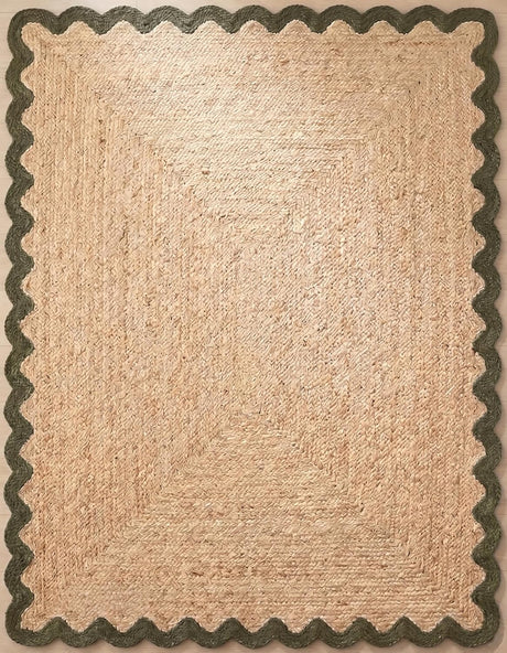 Handwoven Jute Rug with Scalloped Border, Natural Fiber Indoor Rug