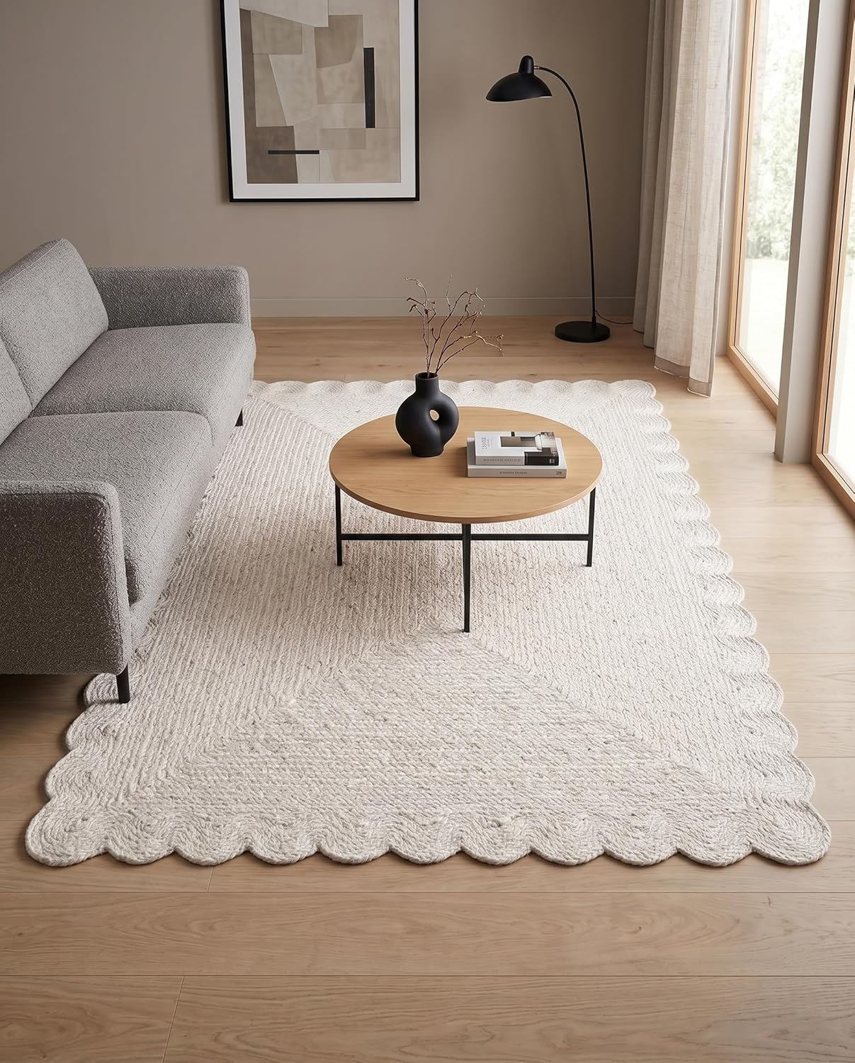 Handwoven Jute Rug with Scalloped Border, Natural Fiber Indoor Rug