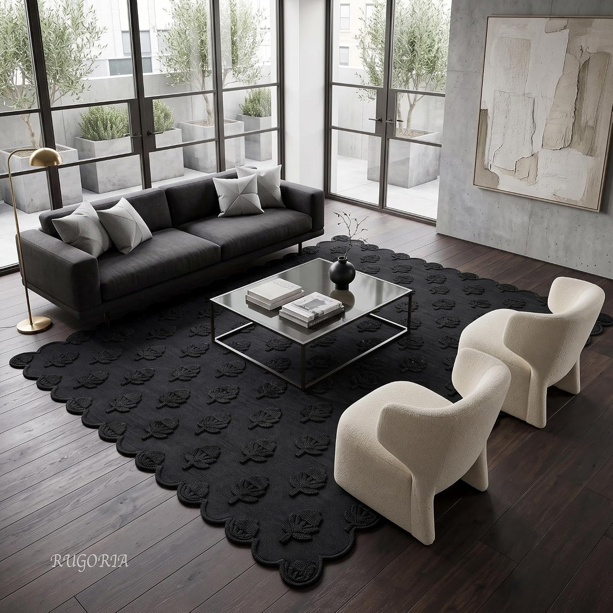 Hand Tufted Wool Rug, Floral Botanical Pattern with Scalloped