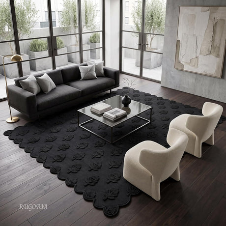Hand Tufted Wool Rug, Floral Botanical Pattern with Scalloped