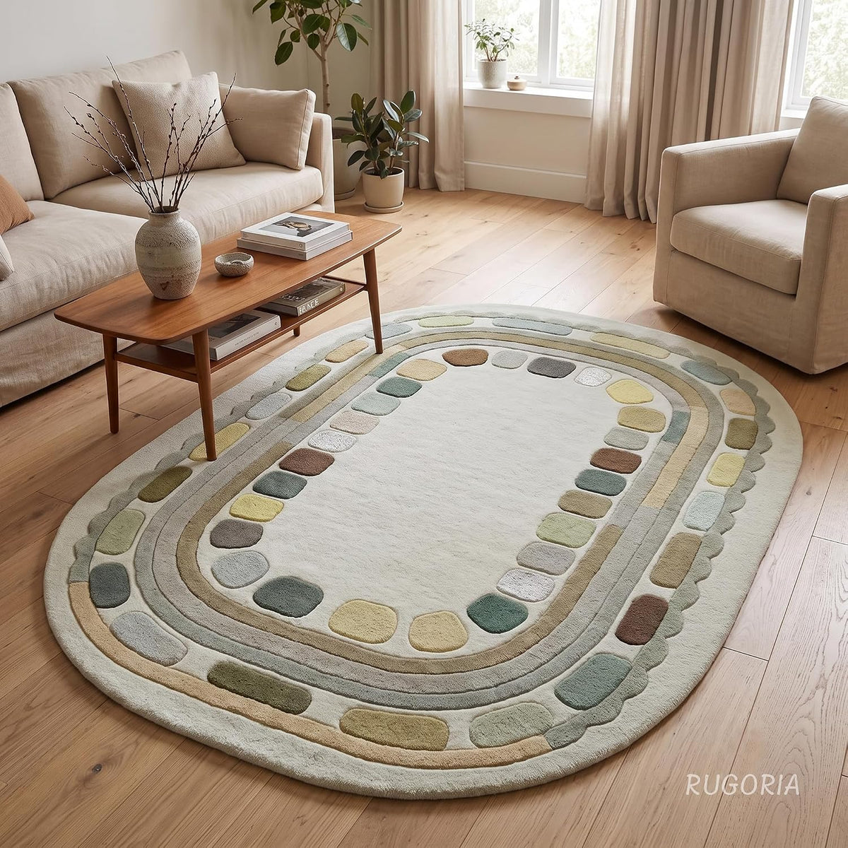Hand Tufted Wool Rug, Rounded Rectangle Geometric Border Design,