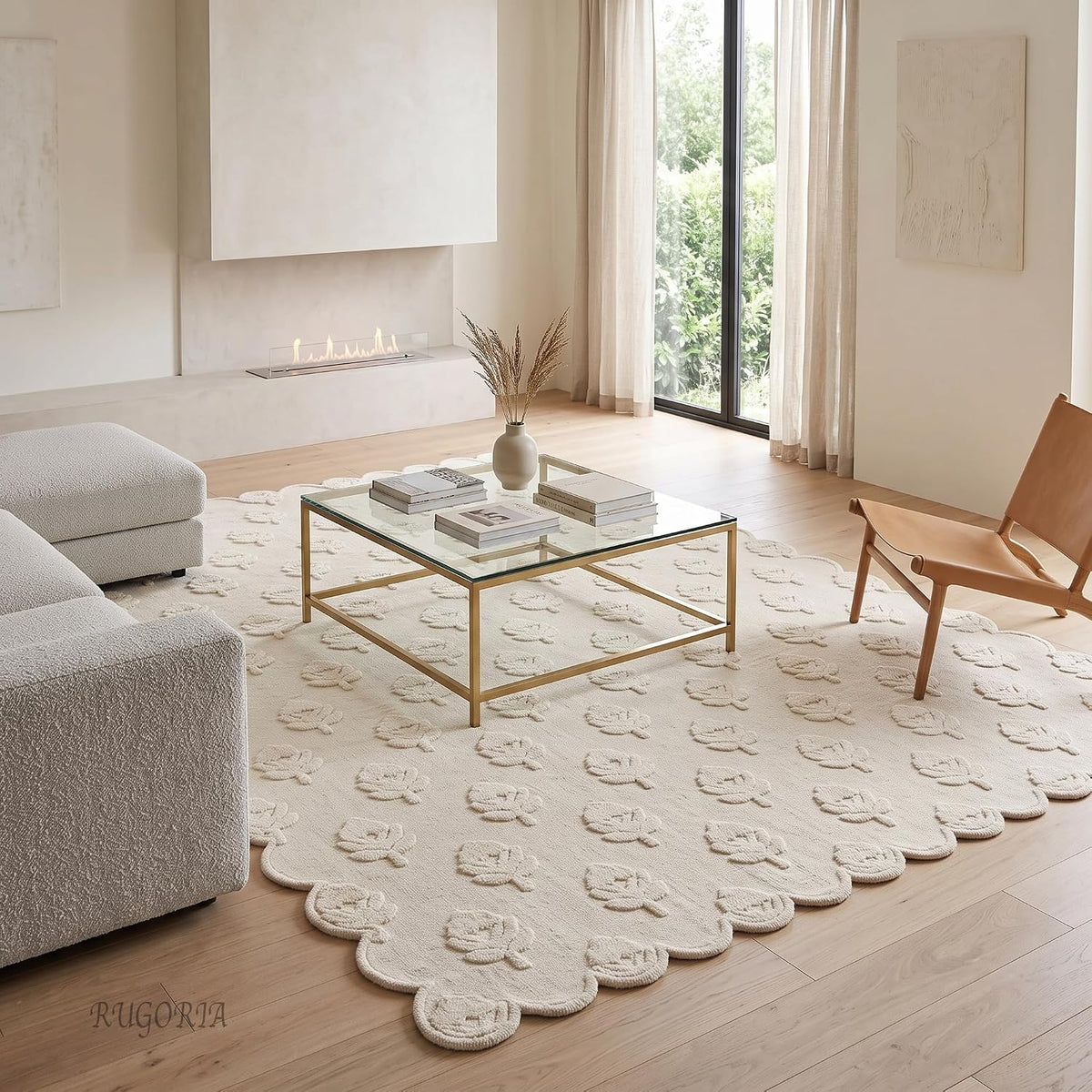 Hand Tufted Wool Rug, Floral Botanical Pattern with Scalloped